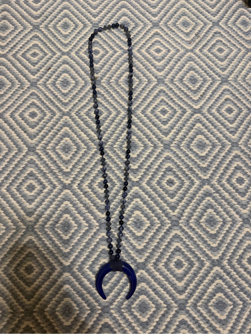 Long Blue Beaded Crescent/Horn Statement Necklace